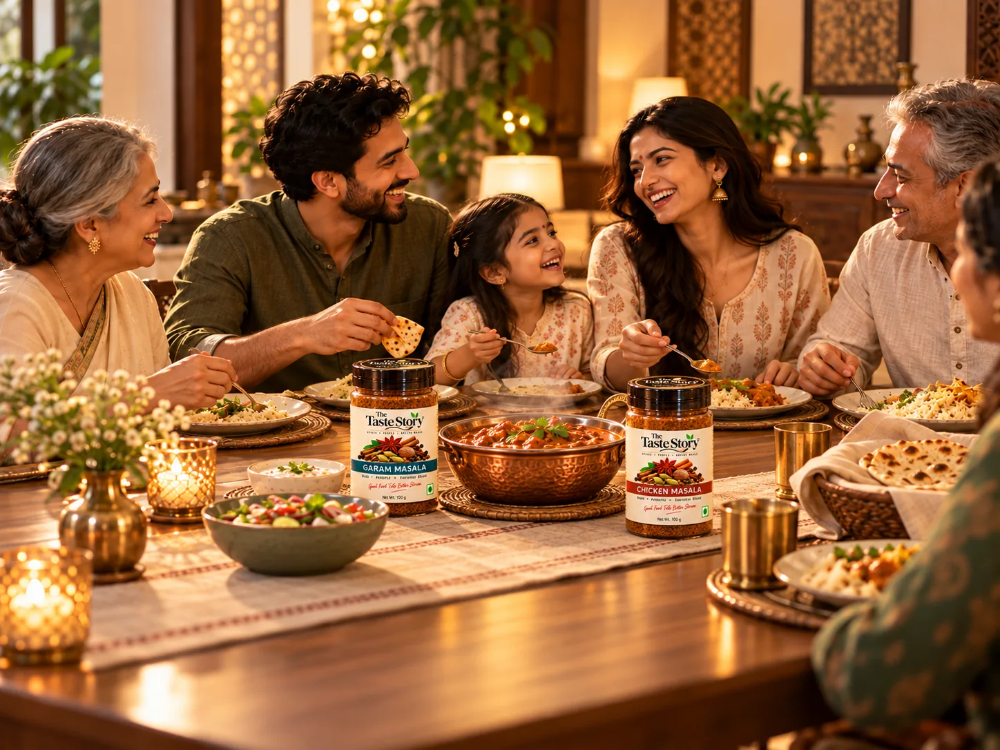 Family sharing a warm meal with conceptual spice jars from The Taste Story™